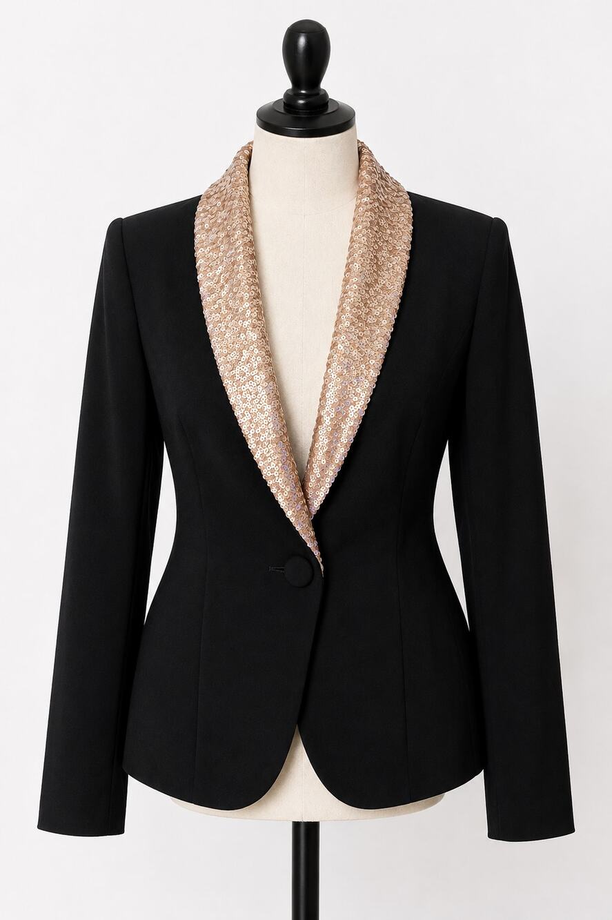 Addy Van Den Krommenacker Black Blazer Gold Sequin Shawl Collar S